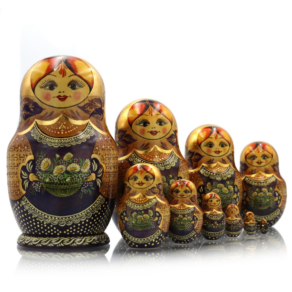 Russian Nesting Doll 10pc Signed Purple Gold Hand Painted Vtg 1995 Matryoshka